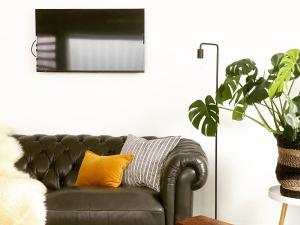 uma sala de estar com um sofá preto e uma planta em The Birch Studio - BOUTIQUE ACCOMODATION - CENTRAL to WINERIES and BEACHES em Leopold