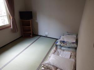 a small room with two beds and a television at ペンション　メタセコイア in Aiba