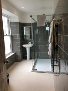 y baño con ducha y lavamanos. en Borthalan House en Carbis Bay