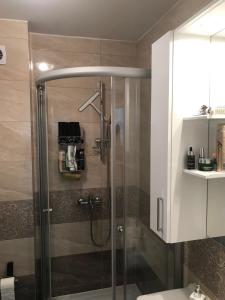 eine Dusche mit Glastür im Bad in der Unterkunft Vila Nimfa in Živogošće