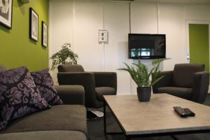 a living room with a couch and a table and a tv at Danhostel Herning in Herning