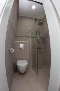 een badkamer met een toilet en een glazen douche bij Villa Lila in Mostar