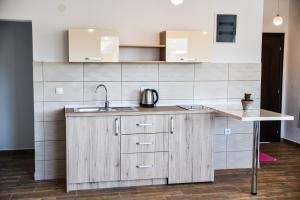 a kitchen with wooden cabinets and a sink at Casa Sinani in Ulcinj