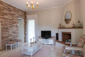 a living room with a fireplace and a tv at Villa La Varik 5 in Litochoro