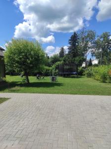 un parco con un albero e un prato di Atostogų namai a Druskininkai