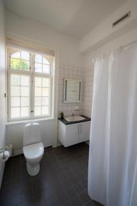 a bathroom with a toilet and a sink and a window at Det Gamle Posthus in Rønne