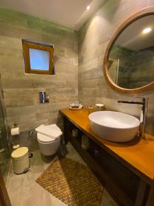 bagno con lavandino, servizi igienici e specchio di VİLLA BAKACAK a Selimiye
