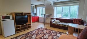 a living room with a couch and a tv at Apartment On Oktyabrskaya 4 in Ukhta