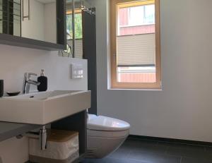 baño con lavabo y aseo y ventana en Ual da Flex (Ava 4) en Savognin