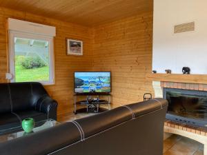 a living room with a couch and a television at Chalet Myrtille in Gérardmer