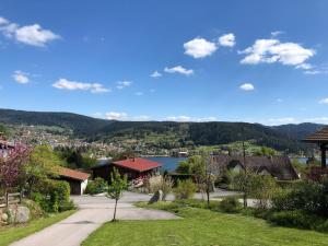 a view of a town with a lake and houses at Chalet Myrtille in Gérardmer