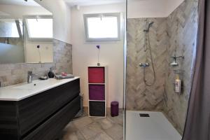 a bathroom with a sink and a shower at Chez Paulette - meublé de tourisme classé 3 étoiles in Zonza +13 photos