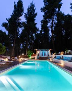 a swimming pool in a backyard at night at Forest Sani Villa in Sani Beach