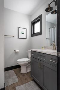 a bathroom with a toilet and a sink and a mirror at Center City Lofts 508 Unit 2 Close to Downtown and the TART Trail in Traverse City