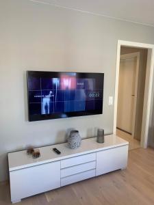 a living room with a tv on a wall at Notodden Sentrum Apartment NO 4 in Notodden
