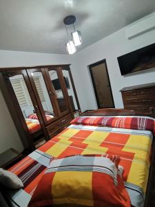 a bedroom with two beds with a colorful comforter at Apartament Central Băile Herculane in Băile Herculane