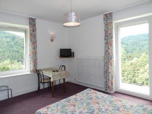 une chambre avec un lit et une table et deux fenêtres dans l'établissement Gites de la Cascade, à Le Tholy