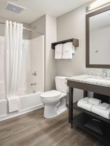 a bathroom with a toilet and a shower and a sink at stayAPT Suites Goldsboro-Seymour Johnson AFB in Goldsboro