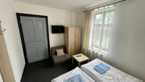 een kamer met een bed, een stoel en een raam bij Pension Plestil in Liberec
