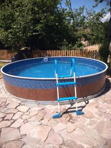 a blue chair sitting next to a swimming pool at Vila Žubor in Crni Vrh