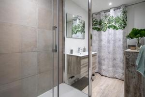 uma casa de banho com um chuveiro e um lavatório. em Le Puit Saint Jean 3 - Apartment for 2-4 people em Annecy