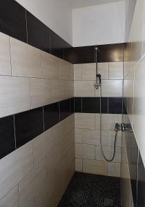 La salle de bains est pourvue d'une douche avec du carrelage noir et blanc. dans l'établissement Gites de la Cascade, à Le Tholy