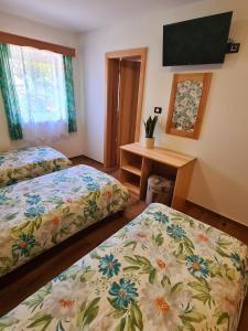 a room with two beds and a table and a tv at Domačija Bubec in Ilirska Bistrica