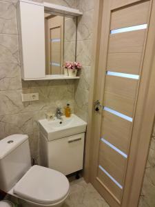 a bathroom with a toilet and a sink and a mirror at Upės apartamentai in Biržai +25 photos