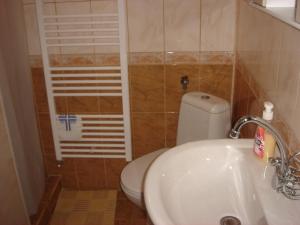 uma casa de banho com um lavatório branco e um WC. em Къща под наем PETROVA em Cherven