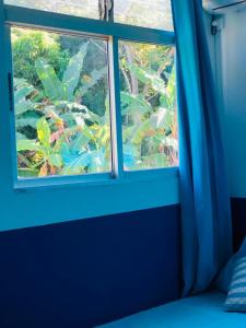 una ventana en una habitación con una cortina azul en Maison Grande Anse, en Deshaies