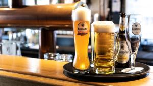 dos vasos de cerveza sentados en un bar en Gartenlaube Marburg en Marburg an der Lahn