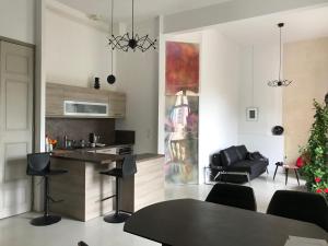 cocina y sala de estar con mesa y sillas en Appartement à la Roquette, dans l'Hotel de Divonne, classé., en Arles