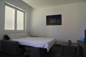 1 dormitorio con 1 cama, 1 silla y 1 ventana en Residence Il Piviere app 7 with private garden, en Calambrone