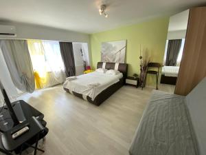 a hotel room with a bed and a treadmill at New Green Apartment Studio 1 in Bucharest