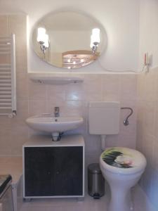 a bathroom with a sink and a toilet and a mirror at Bungalow in strandnähe in Mönkebude