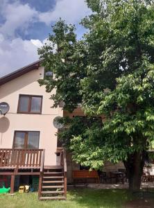 un edificio con un banco y un árbol delante de él en vila Happy en Veľká Lomnica