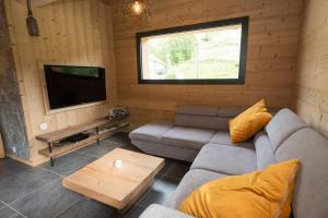 uma sala de estar com um sofá e uma televisão de ecrã plano em TOUT NEUF - Chalet Pébie 8 à 10 pers avec sauna em La Bresse