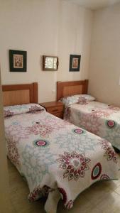 Cabopino的住宿－Amplio 2 dormitorios, gran terraza, 150 metros playa La Luna, Mijas，一间卧室配有两张床,床上有毯子