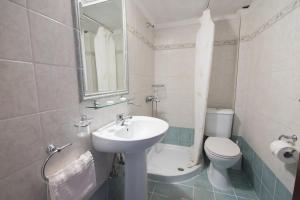 a bathroom with a sink and a toilet and a mirror at Villa Flegos in Skala Fourkas