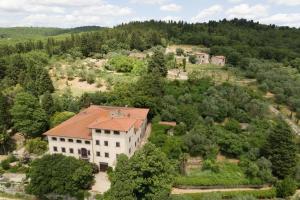 uma vista aérea de uma grande casa na floresta em Villa Rignano em San Cristoforo a Perticaia