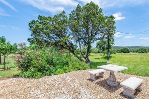 a picnic table and two benches in front of a tree at Appian Way Celtic Cottage in Fredericksburg