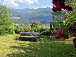 a picnic table and a playground with mountains in the background at Ferienwohnungen Rosi in Kleblach