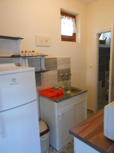 a kitchen with a sink and a white refrigerator at Erika Apartman in Balatonberény