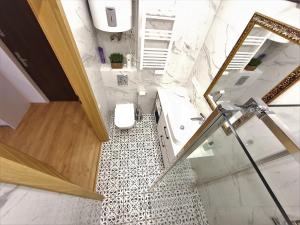 łazienka z toaletą i lustrem w obiekcie Apartments Legendary Kraków w Krakowie +37 zdjęć