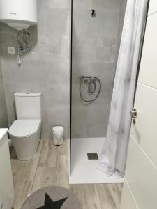 a bathroom with a shower with a toilet and a shower curtain at Apartamentos Sane in Noja +18 photos