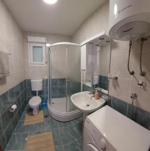 a bathroom with a shower toilet and a sink at Apartman G 60 in Meljine