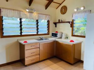 eine Küche mit Spüle und Mikrowelle in der Unterkunft Tavake Villa in Arutanga