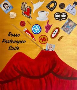 a painting of a woman in a red dress and pins at Rosso Partenopeo Suite in Naples