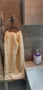 a towel hanging on a rack next to a sink at Intime by Nights & Smiles in Tuzla +104 photos