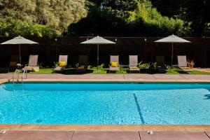 a swimming pool with chairs and umbrellas at Highlands Resort in Guerneville